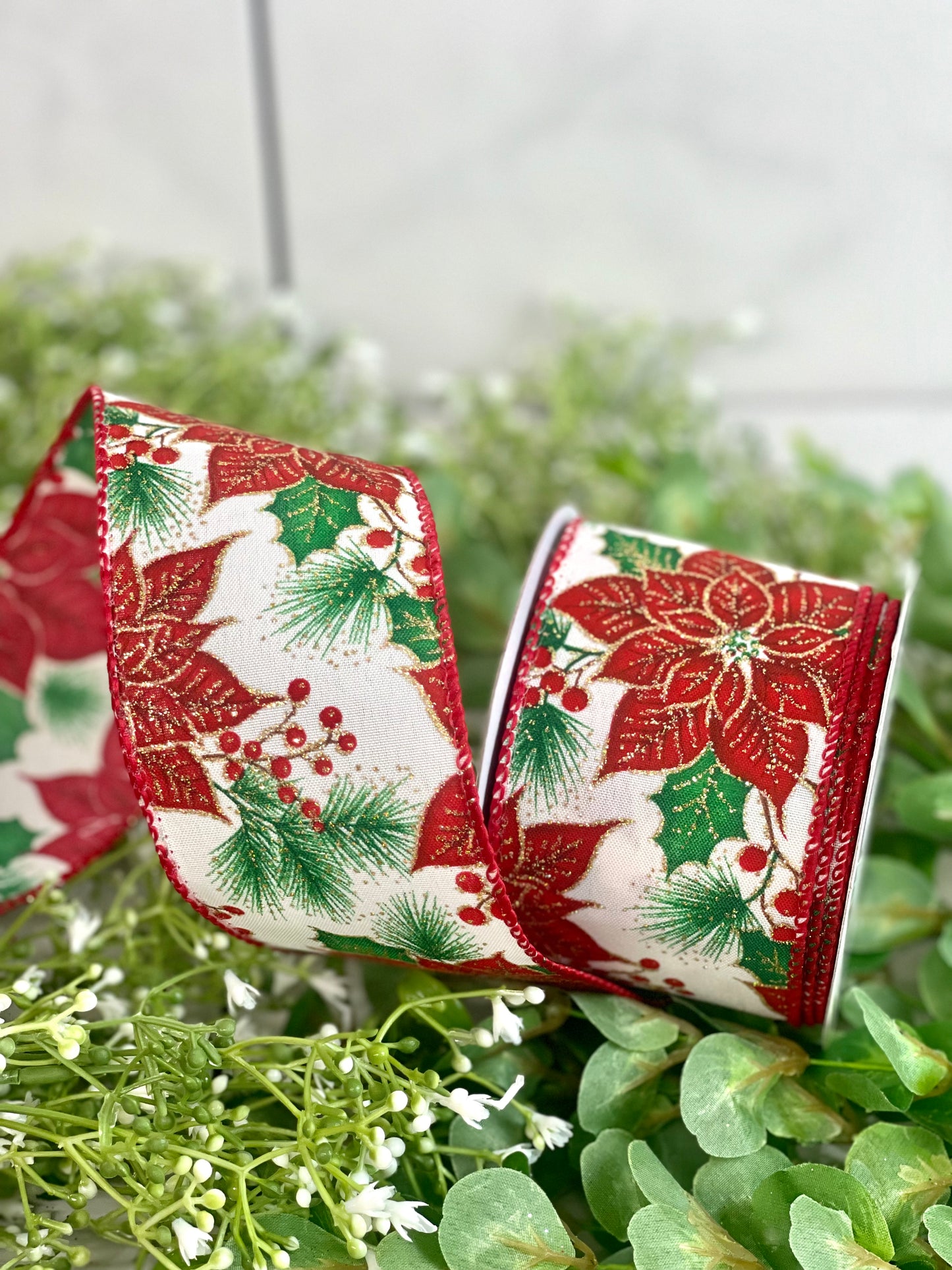 2.5 Inch By 10 Yard Glitter Poinsettia And Holly Ribbon