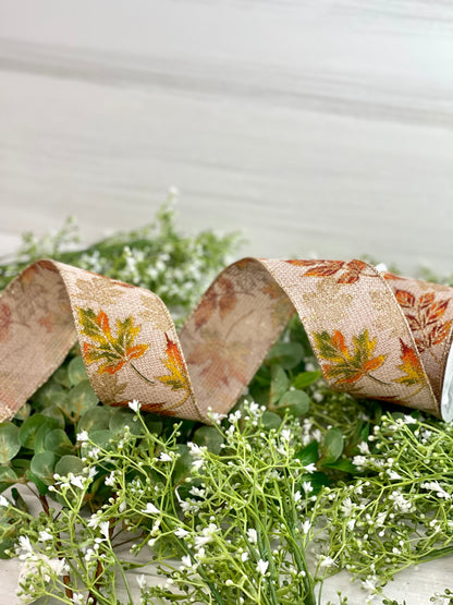 2.5 Inch By 10 Yard Natural Background With Glitter Fall Leaves Ribbon