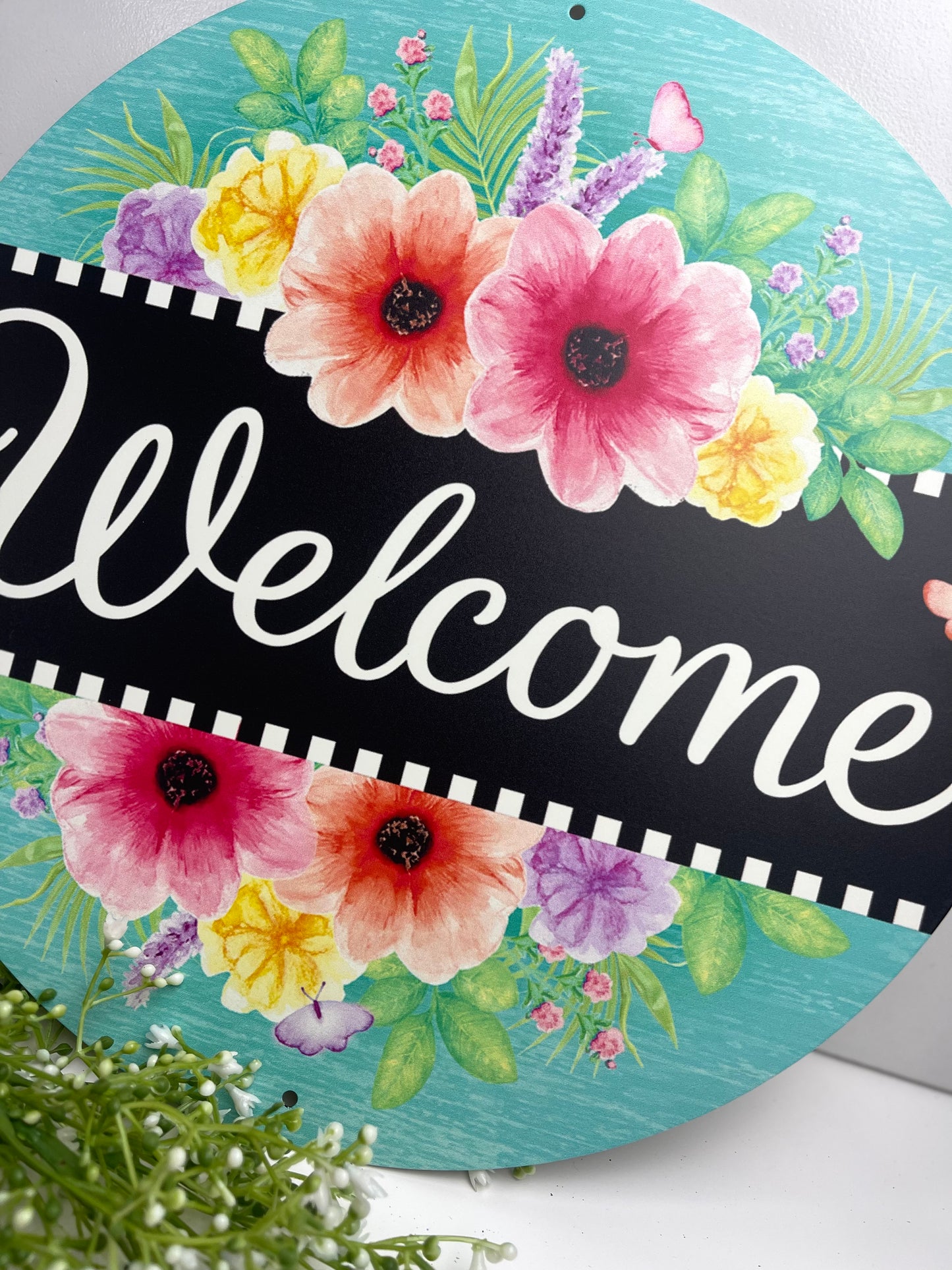 12 Inch Welcome With Flowers Metal Sign