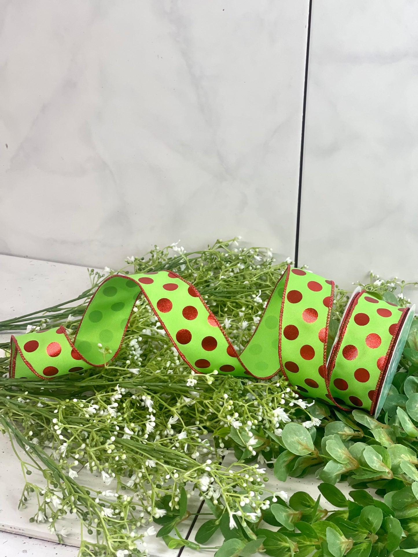 1.5 Inch By 10 Yard Lime Green And Red Metallic Polka Dot Ribbon
