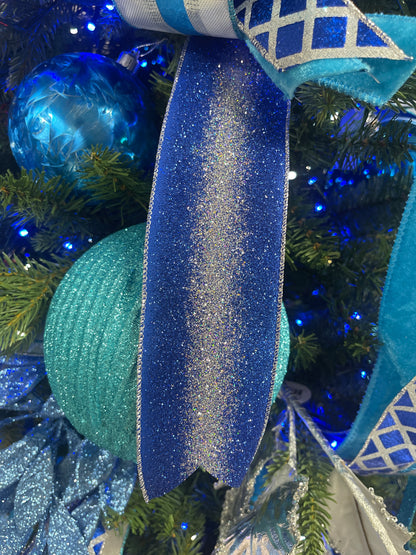 2.5 Inch By 10 Yard Royal Blue And Silver Gradient Glitter Ribbon