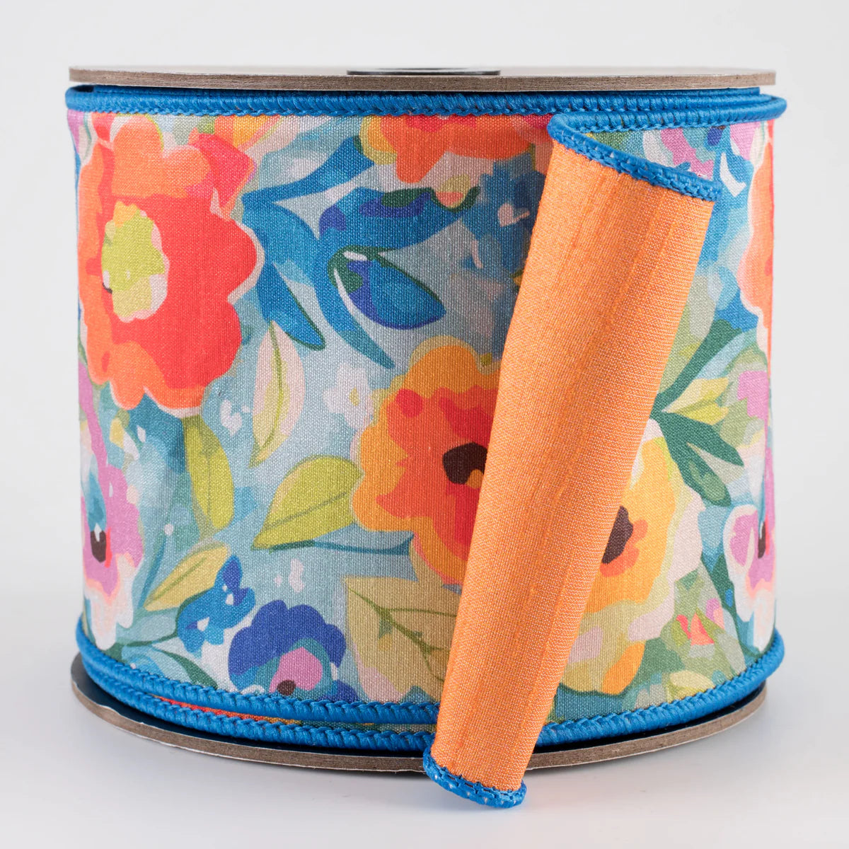D. Stevens 4 Inch By 10 Yard Orange Blue And Green Watercolor Floral Garden Dupioni Ribbon