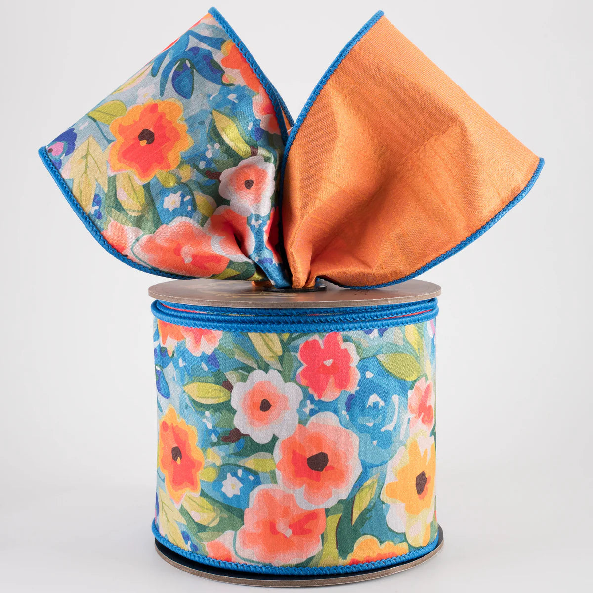 D. Stevens 4 Inch By 10 Yard Orange Blue And Green Watercolor Floral Garden Dupioni Ribbon