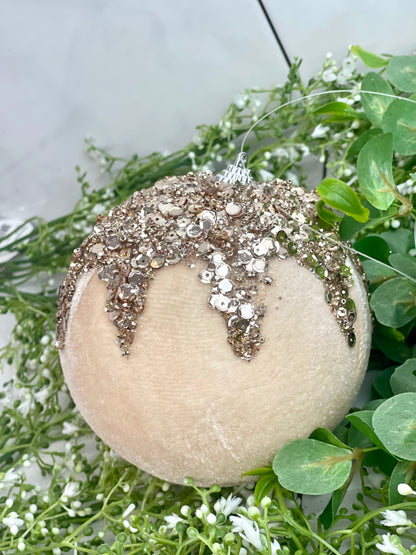Champagne Flocked Velvet Ornament Ball With Dripping Sequin Design