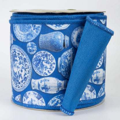 4 Inch By 10 Yard Chinoiserie Print Canvas And Dupioni Ribbon