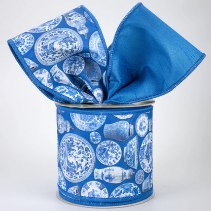 4 Inch By 10 Yard Chinoiserie Print Canvas And Dupioni Ribbon