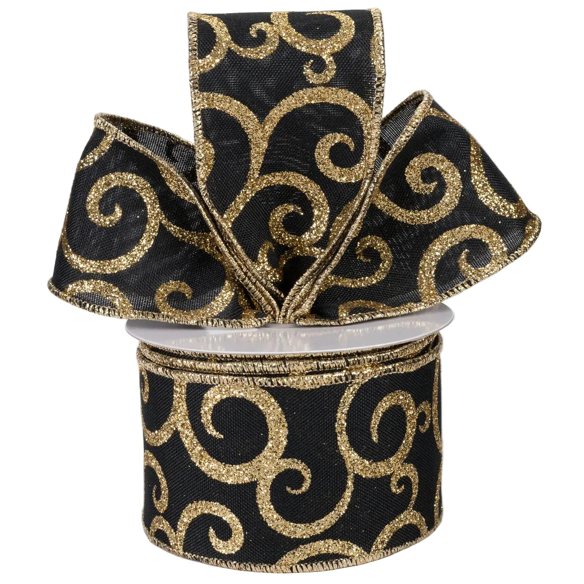 2.5 Inch By 10 Yard Black And Gold Glitter Swirl Ribbon