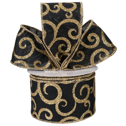 2.5 Inch By 10 Yard Black And Gold Glitter Swirl Ribbon