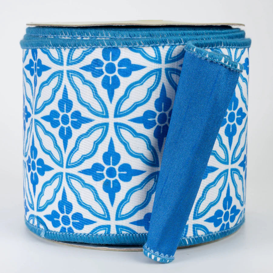 4 Inch By 10 Yard Blue And White Double Sided Geometric Dupioni Ribbon