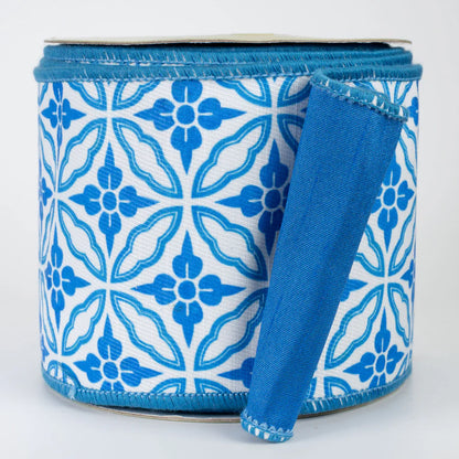 4 Inch By 10 Yard Blue And White Double Sided Geometric Dupioni Ribbon
