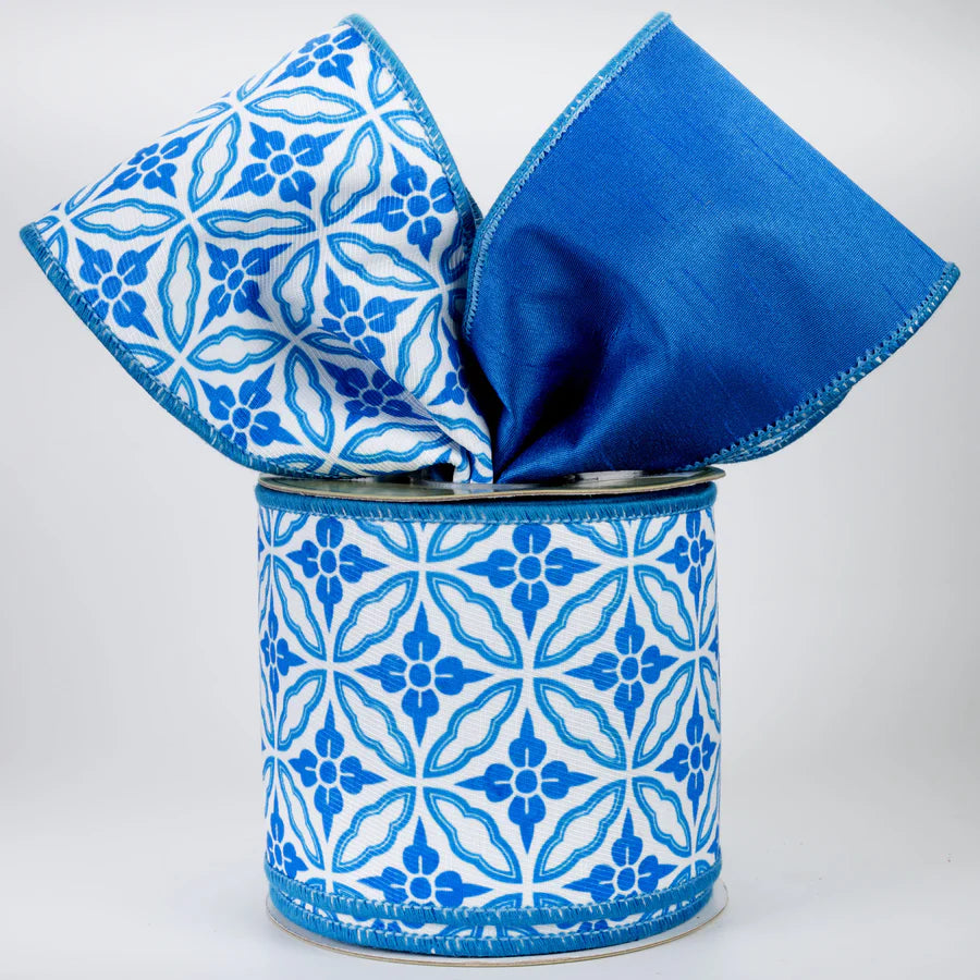 4 Inch By 10 Yard Blue And White Double Sided Geometric Dupioni Ribbon