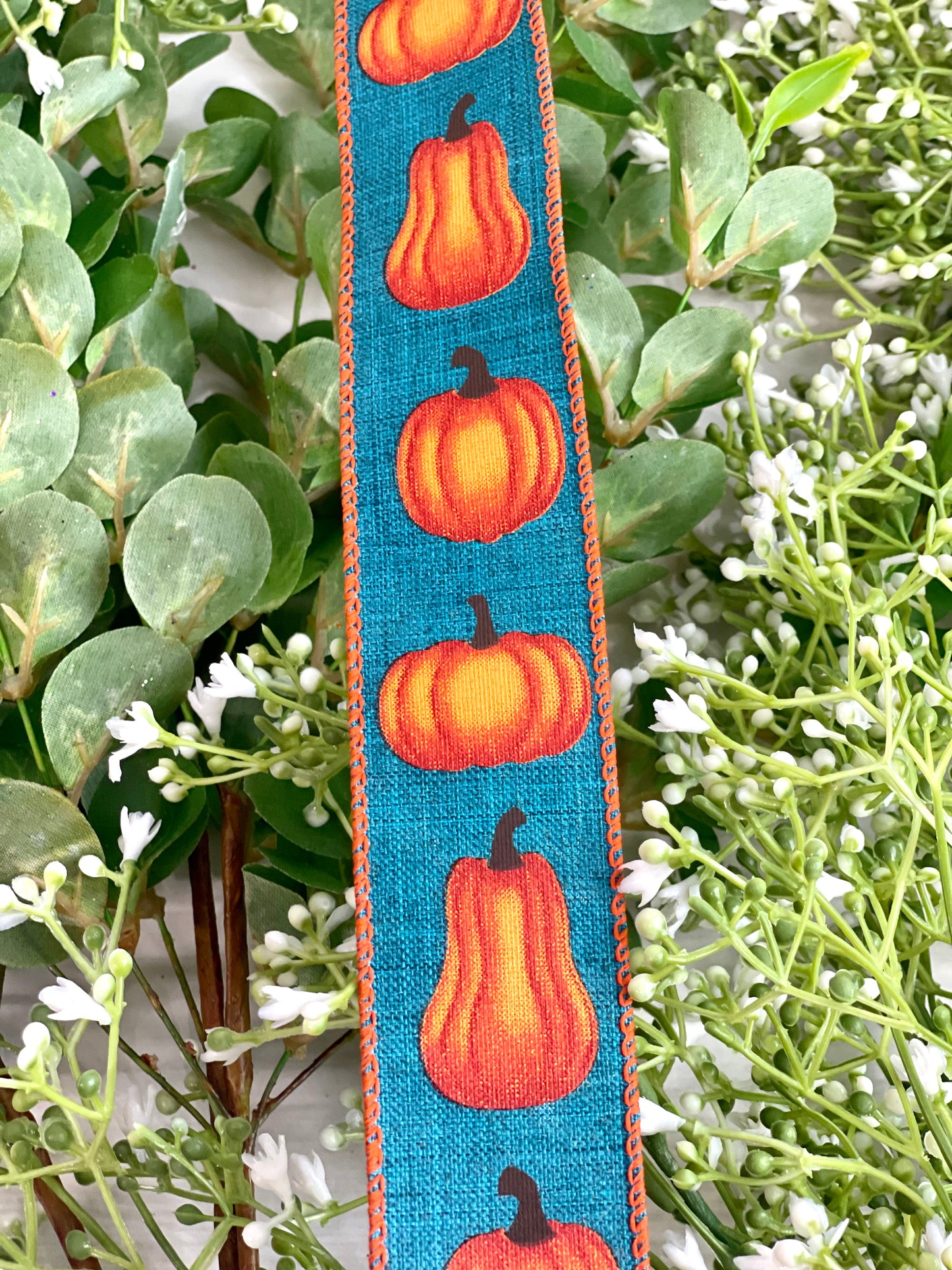 1.5 Inch By 10 Yard Teal Linen With Orange Pumpkins Ribbon