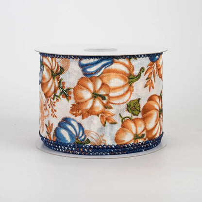 2.5 Inch By 10 Yard Cream Rust Dusty Blue Pumpkin Ribbon