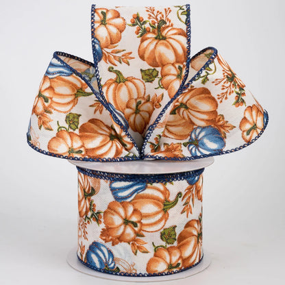 2.5 Inch By 10 Yard Cream Rust Dusty Blue Pumpkin Ribbon