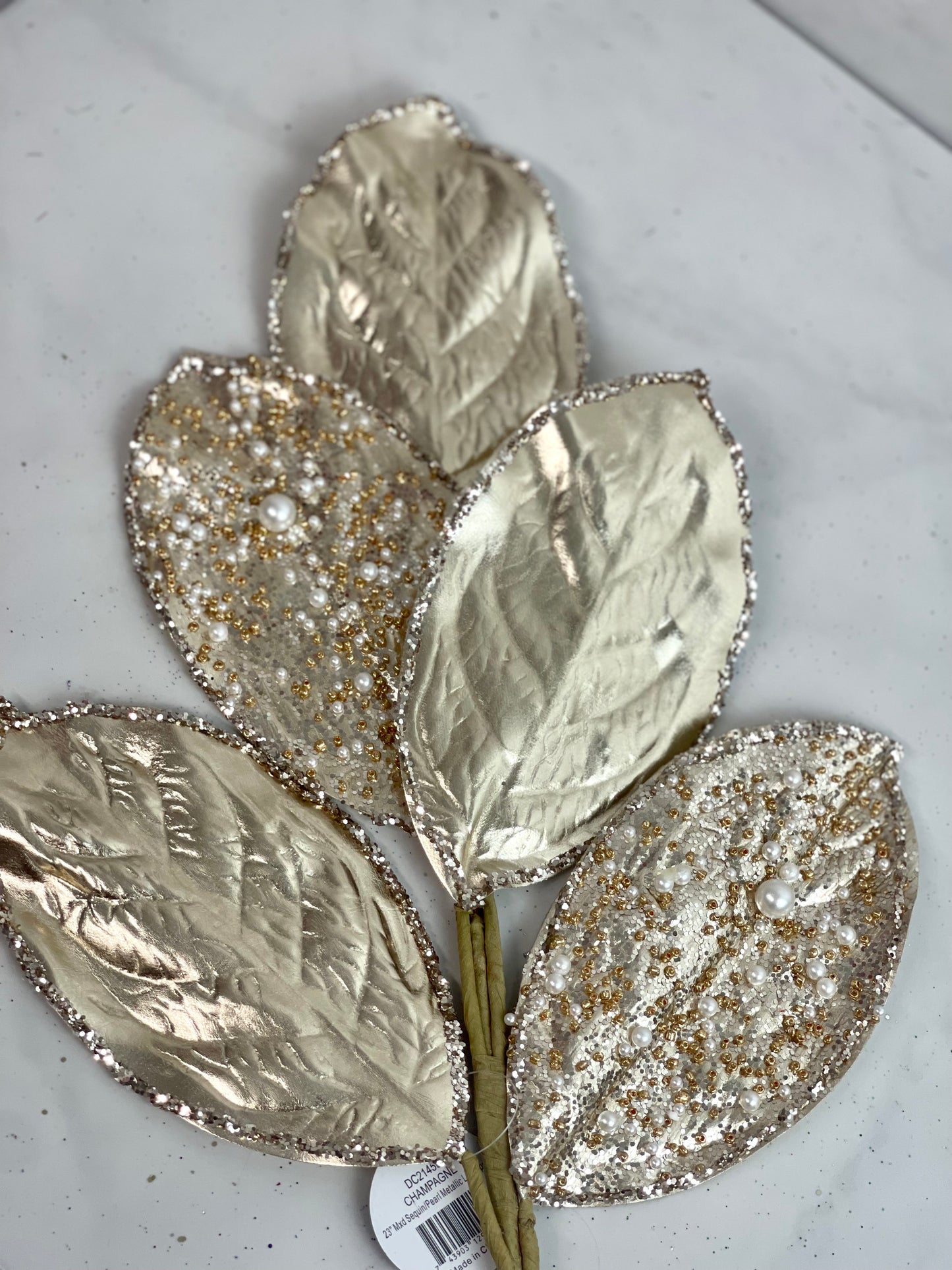 Mixed Sequin And Pearl Champagne Metallic Leaf Spray