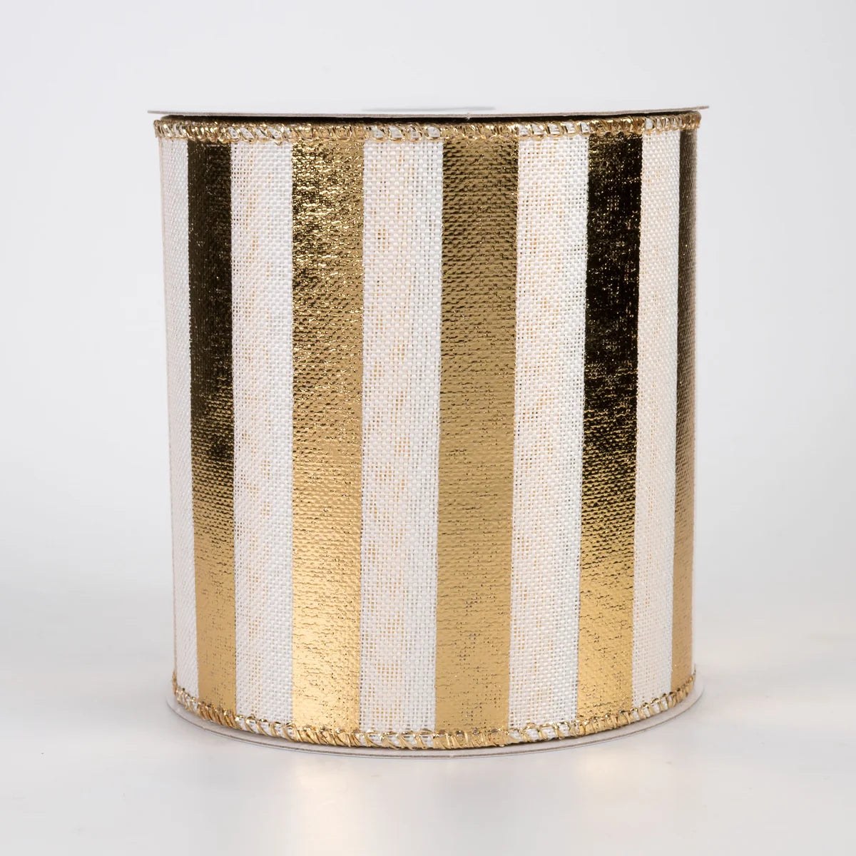 4 Inch By 10 Yard White Linen Gold Horizontal Big Stripes Ribbon