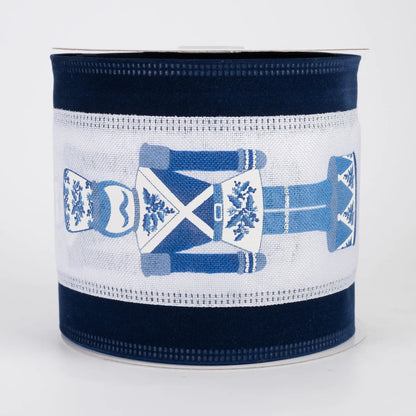 4 Inch By 10 Yard Navy Chinoiserie Nutcracker With Navy Velvet Edge Ribbon