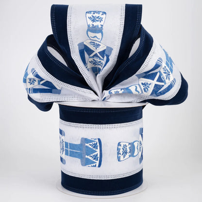 4 Inch By 10 Yard Navy Chinoiserie Nutcracker With Navy Velvet Edge Ribbon