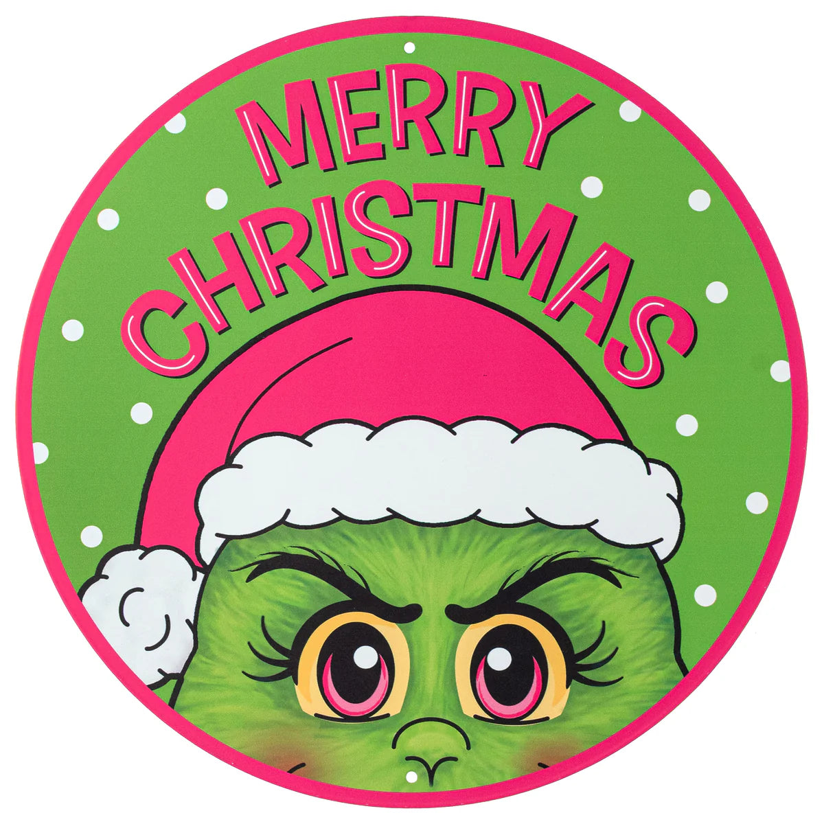 12 Inch Lime And Pink Merry Christmas Green Monster Metal Sign