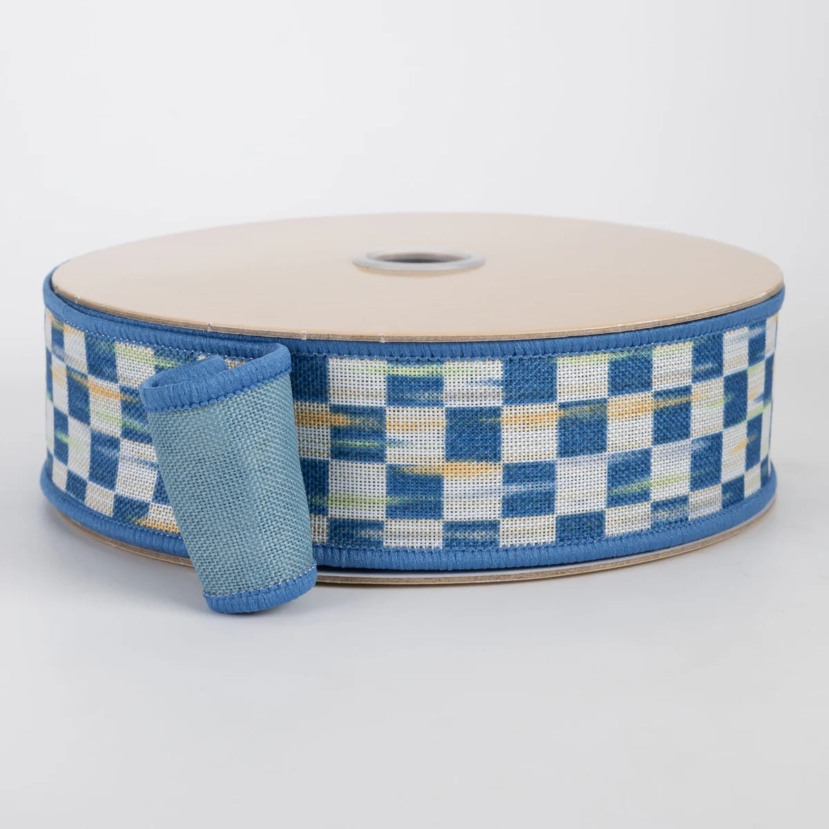 1.5 Inch By 10 Yard Beige And Blue Mini Antique Checkerboard Fused Ribbon