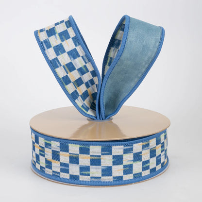 1.5 Inch By 10 Yard Beige And Blue Mini Antique Checkerboard Fused Ribbon