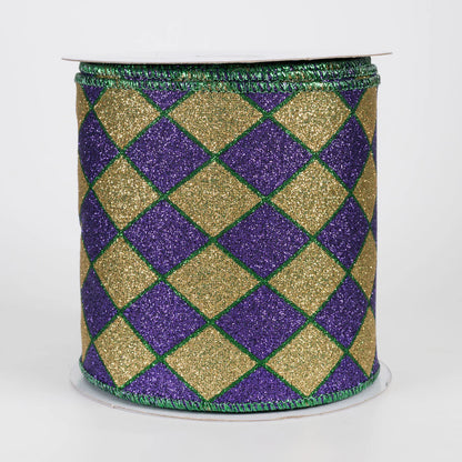 4 Inch By 10 Yard Mardi Gras Glitter Harlequin Ribbon