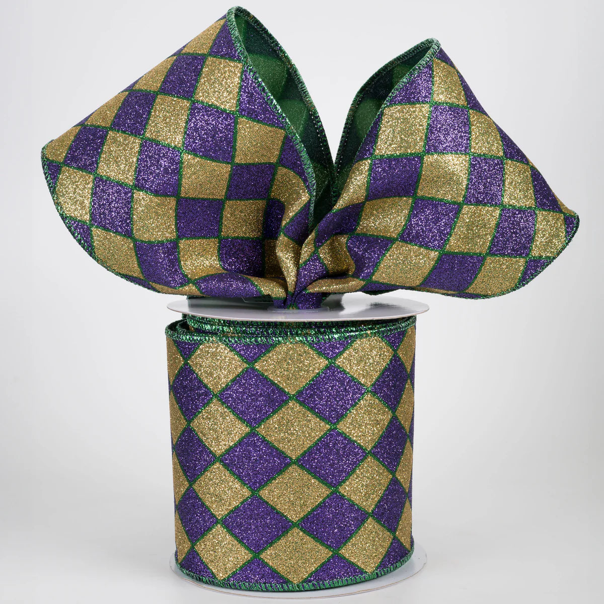 4 Inch By 10 Yard Mardi Gras Glitter Harlequin Ribbon