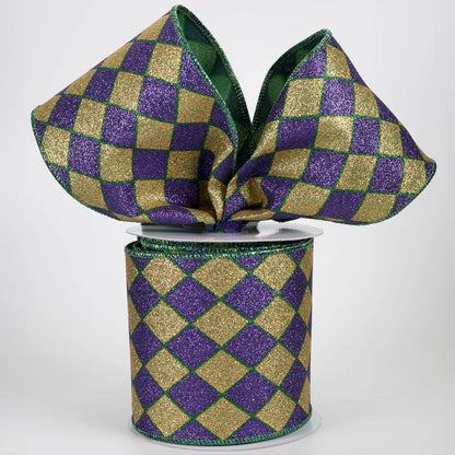 4 Inch By 10 Yard Mardi Gras Glitter Harlequin Ribbon