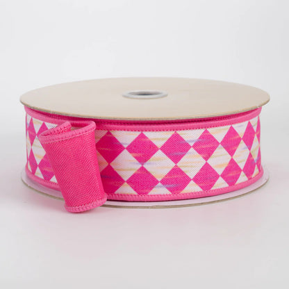 1.5 Inch By 10 Yard Hot Pink And White Antique Diamond Fused Ribbon