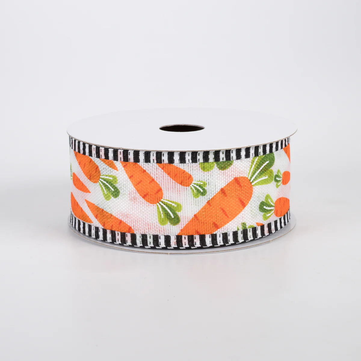 1.5 Inch By 10 Yard White Linen With Carrots And Black And White Check Edging Ribbon