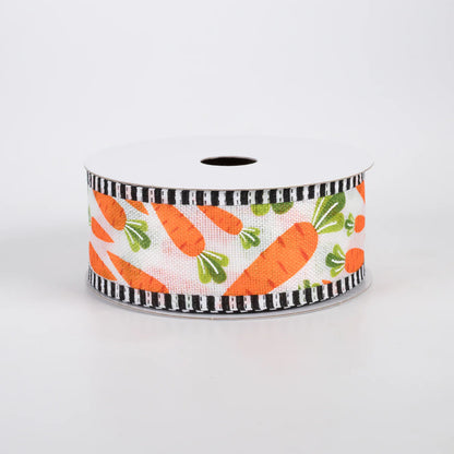 1.5 Inch By 10 Yard White Linen With Carrots And Black And White Check Edging Ribbon