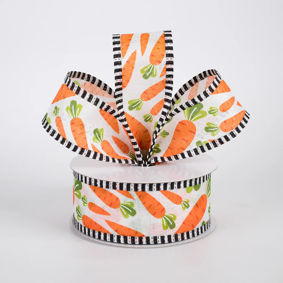 1.5 Inch By 10 Yard White Linen With Carrots And Black And White Check Edging Ribbon