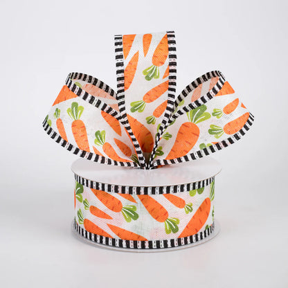 1.5 Inch By 10 Yard White Linen With Carrots And Black And White Check Edging Ribbon