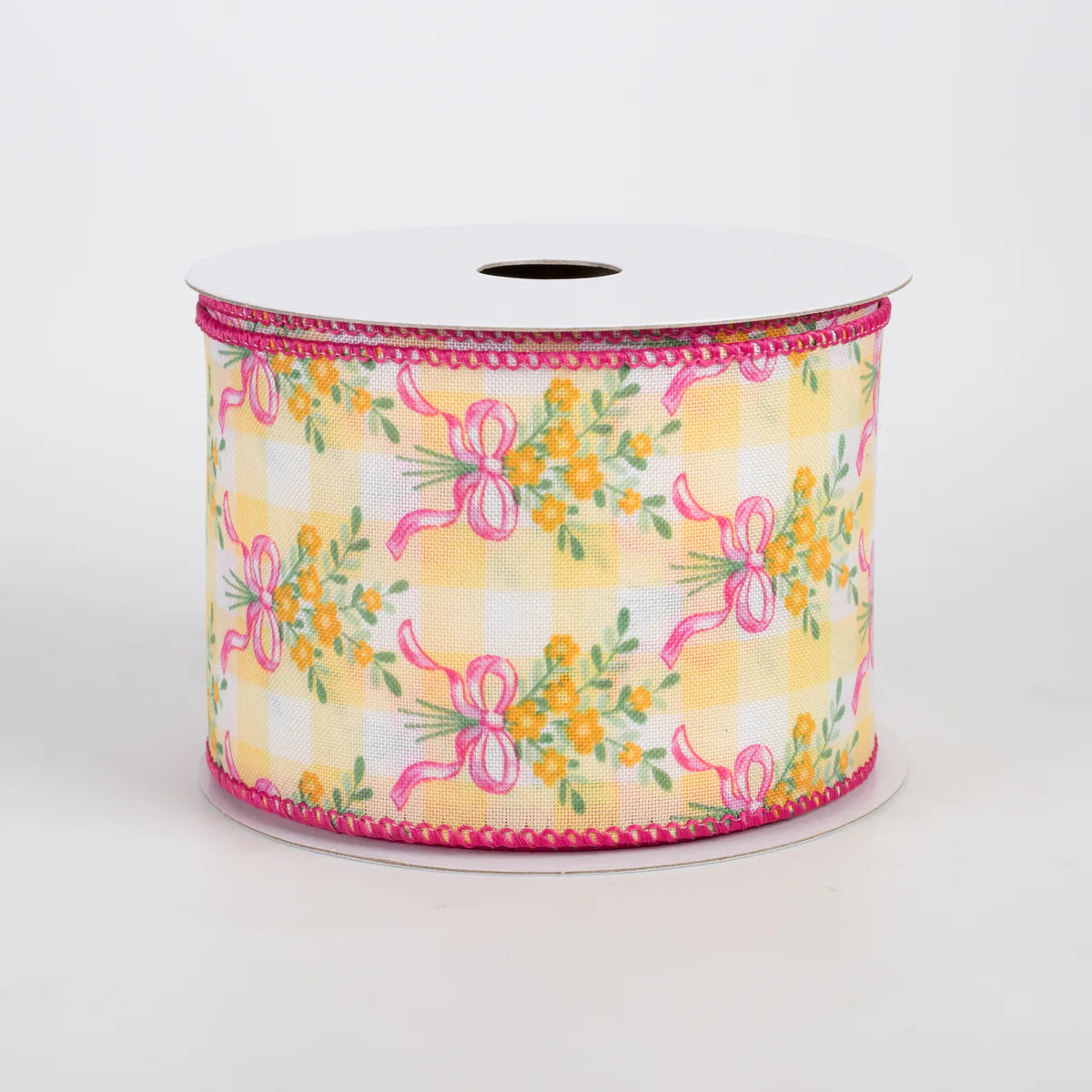 2.5 Inch By 10 Yard Orange Bouquet Pink Bow On Yellow And White Check Ribbon
