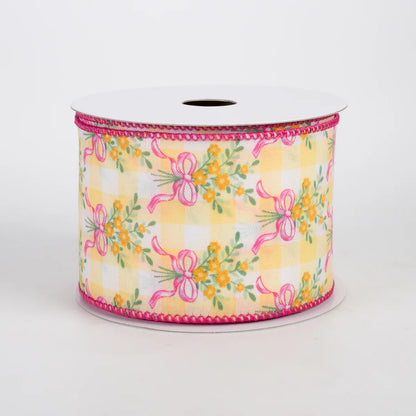 2.5 Inch By 10 Yard Orange Bouquet Pink Bow On Yellow And White Check Ribbon