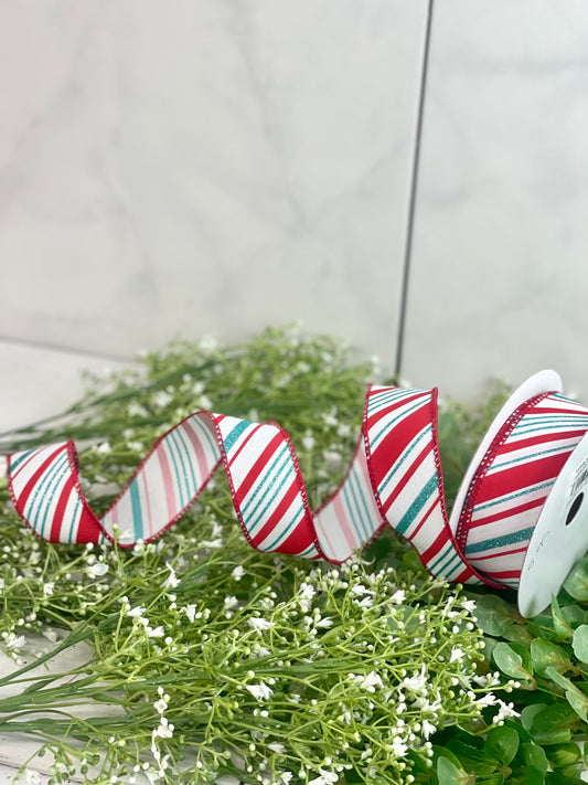 1.5 Inch By 10 Yard Ice Blue And Red Peppermint Stripe Ribbon