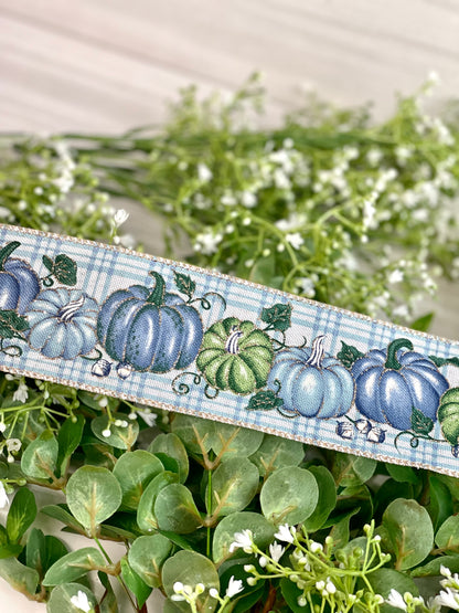 2.5 Inch By 10 Yard Blue Gingham With Blue And Sage Pumpkin Scene Ribbon