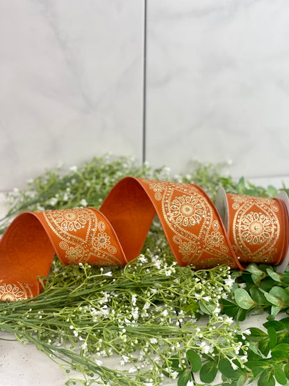 2.5 Inch By 10 Yard Autumn And Gold Deluxe Wavy Floral Ribbon