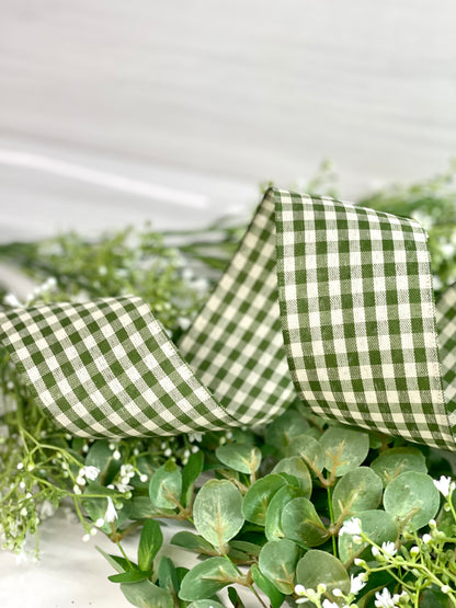 2.5 Inch By 10 Yard Moss And Ivory Gingham Check Ribbon