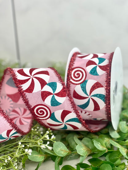 2.5 Inch By 10 Yard Red Blue And Pink Bold Peppermint Ribbon With Tinsel