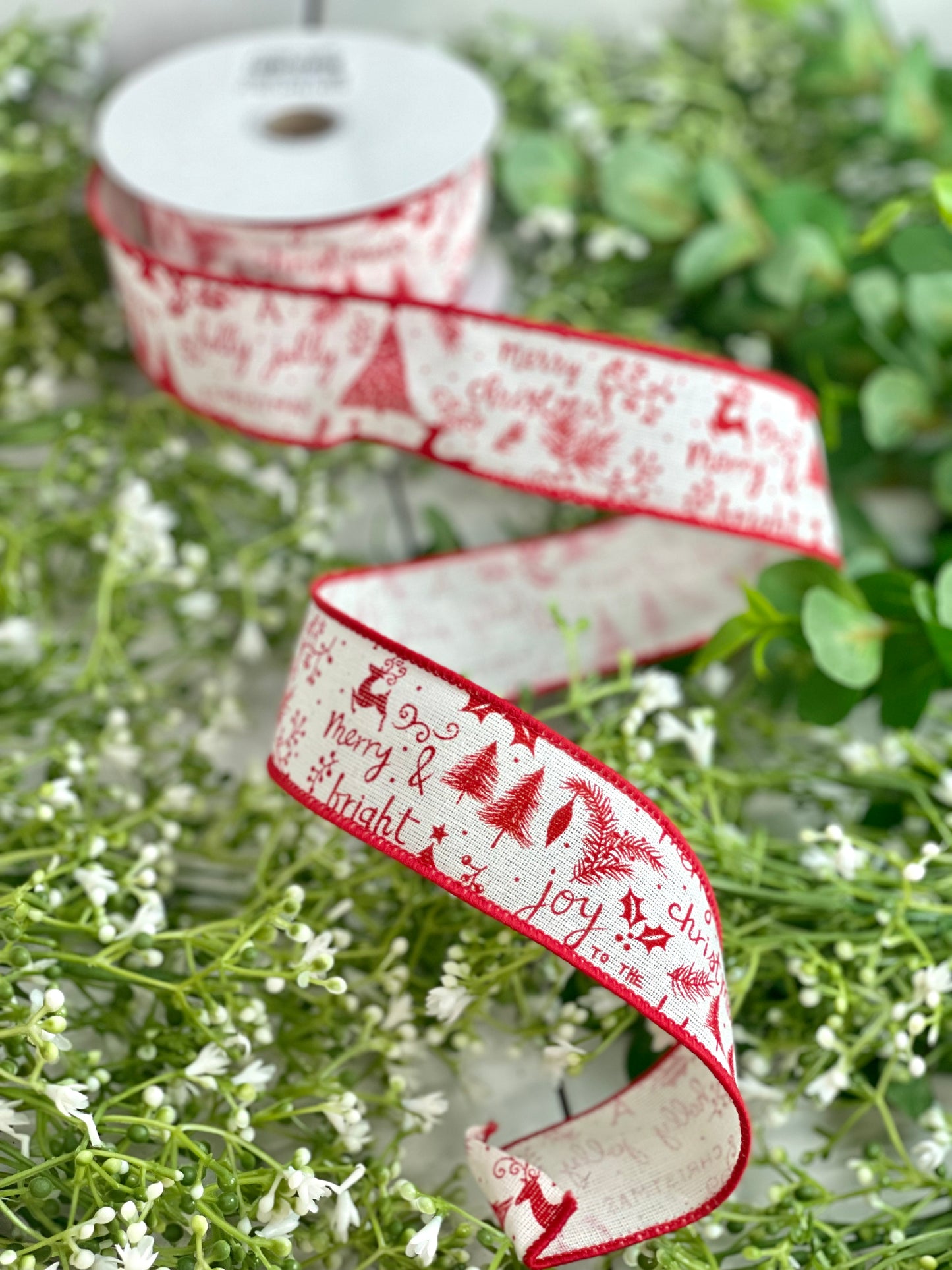 1.5 Inch Ivory With Red Script Reindeer Trees Mistletoe Accents