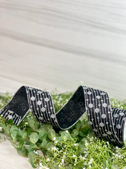 2.5 Inch By 10 Yard Black And Silver Polka Dot/Lines Ribbon