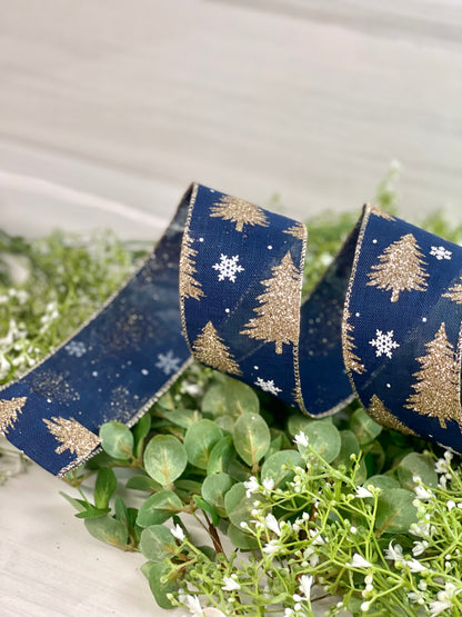 2.5 Inch By 10 Yard Navy Background With Champagne Christmas Tree Ribbon