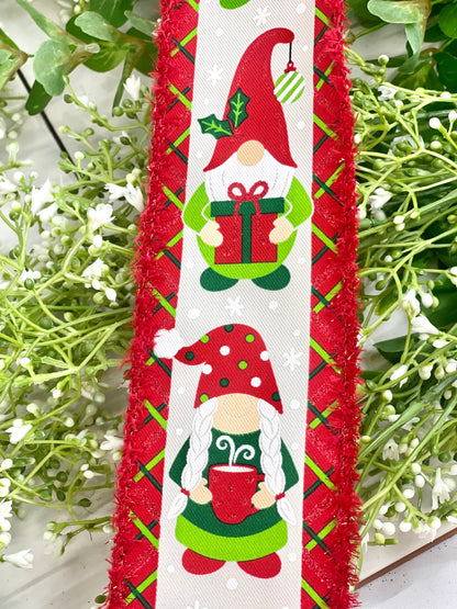 2.5 Inch Christmas Gnomes With Tinsel Edge Ribbon