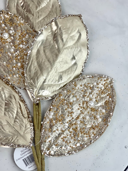 Mixed Sequin And Pearl Champagne Metallic Leaf Spray