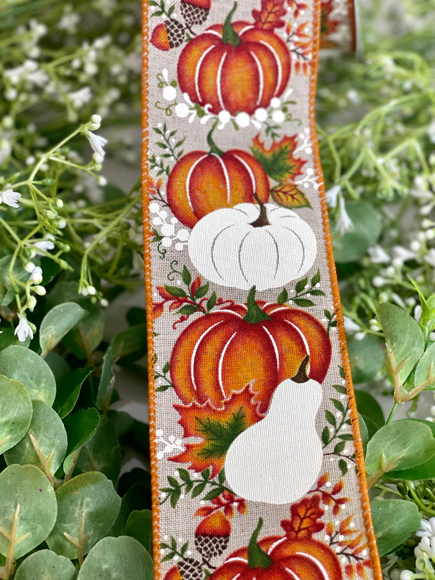 2.5 Inch By 10 Yard Natural Linen With Orange And White Pumpkins Ribbon