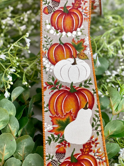 2.5 Inch By 10 Yard Natural Linen With Orange And White Pumpkins Ribbon