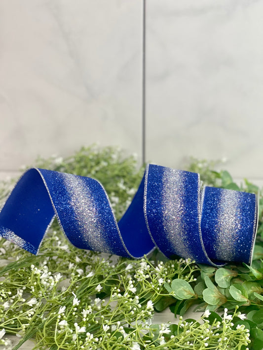 2.5 Inch By 10 Yard Royal Blue And Silver Gradient Glitter Ribbon