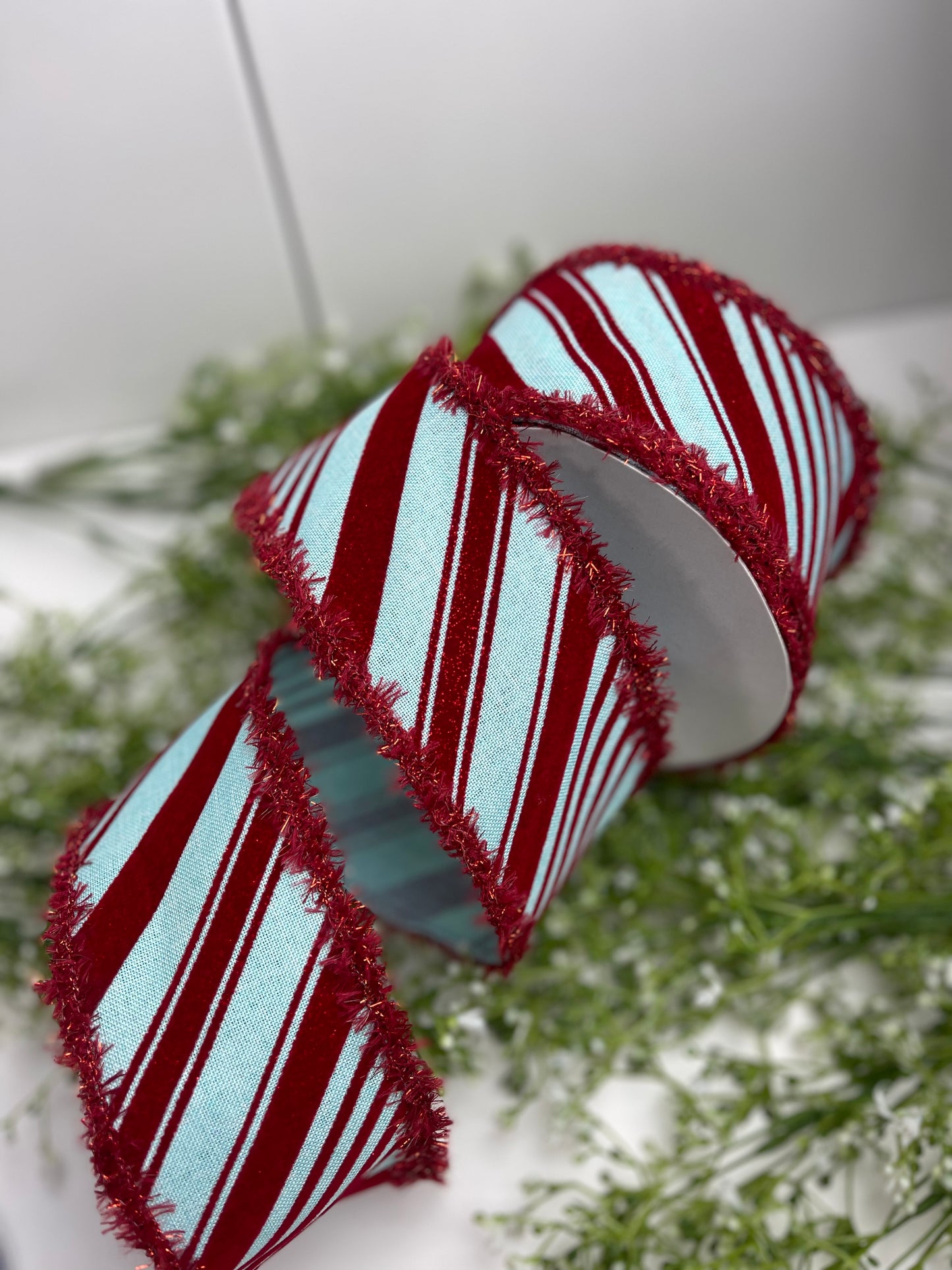 2.5 Inch By 10 Yard Red And Ice Blue Diagonal Stripes With Red Tinsel Drift