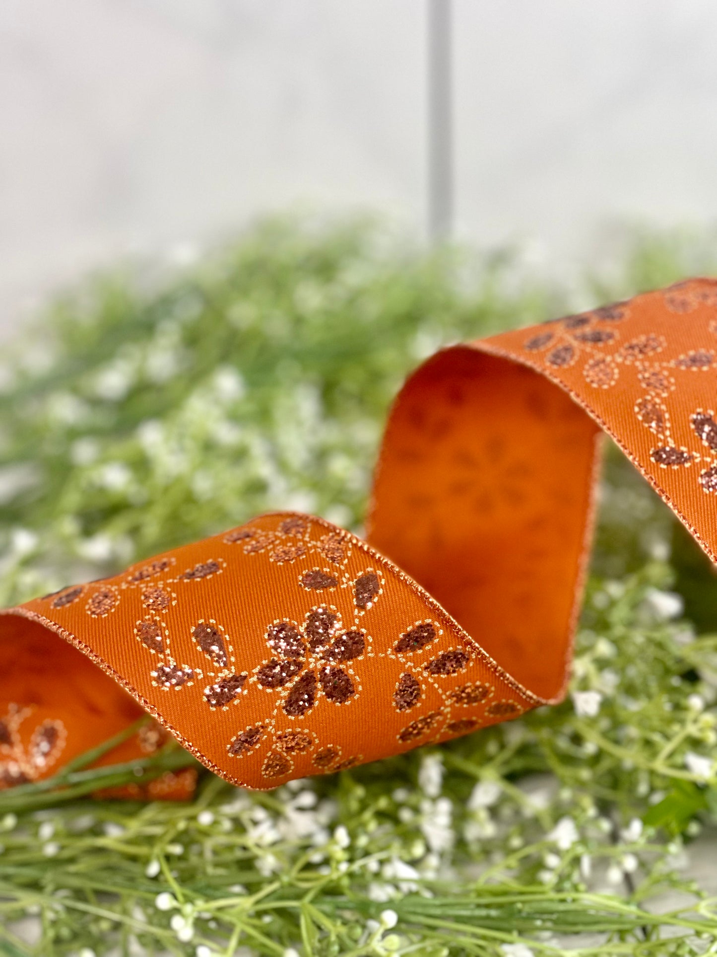 2.5 Inch By 10 Yard Autumn And Copper Glitter Leaves With Flower Ribbon
